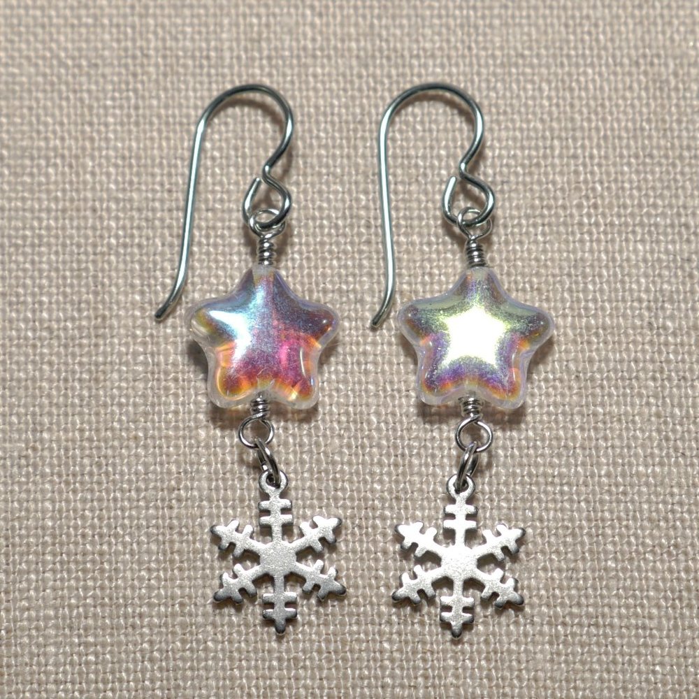 Hand Crafted Handmade Earrings Beaded Star & Snowflake Long Earrings